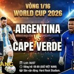 Ảnh bìa trận đấu Vòng 1/16 World Cup 2026 giữa Argentina và Cape Verde với Lionel Messi, thủ môn Vozinha và logo GAVANG TV.